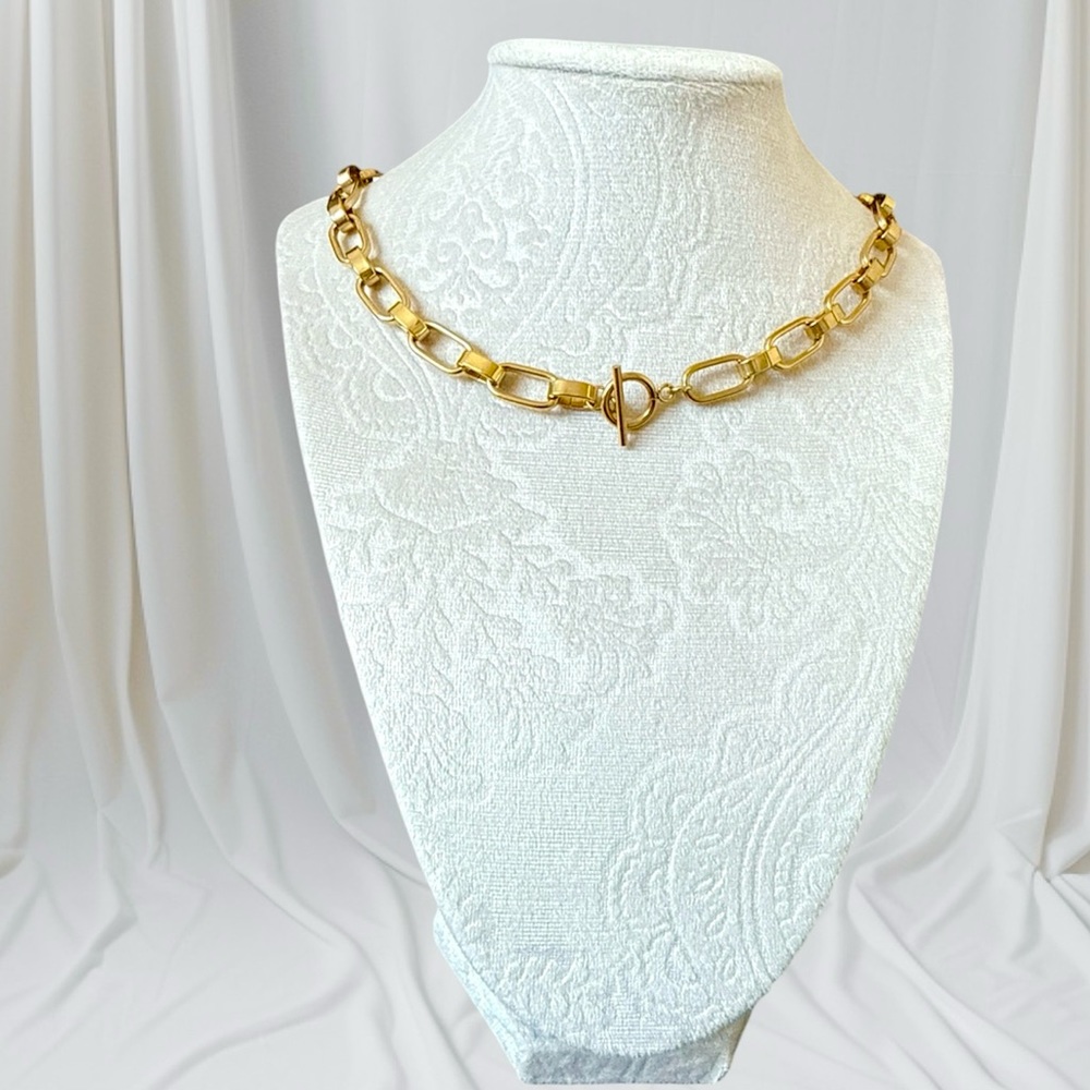 Paperclip Chain 14K Gold Stainless Steel Necklace with Toggle Closure